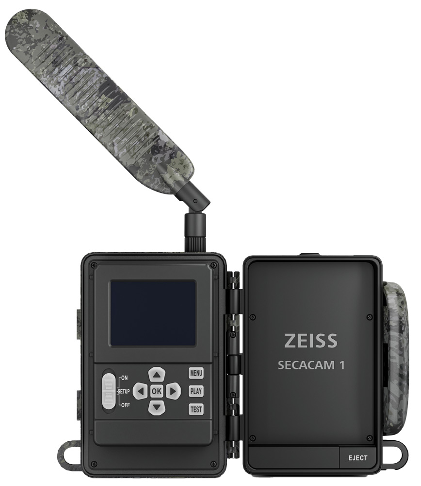 Zeiss Secacam 1, geöffnetes Gehäuse sodass die Bedienelemente sichtbar sind, die Kamera verfügt über Bedienknöpfe und ein Display