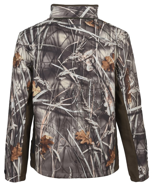percussion softshelljacke – rückansicht mit sicht auf schnitt und materialstruktur