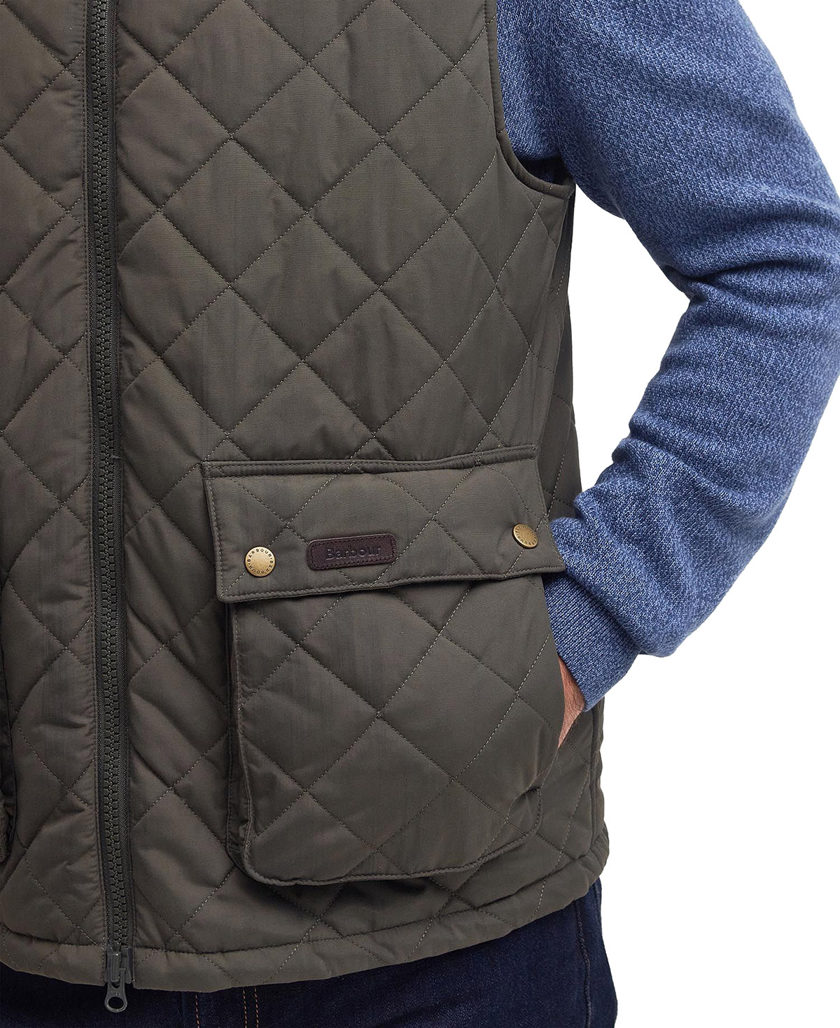 Barbour Weste Fernwood mit abgerundetem Saum und Stehkragen, Detailansicht