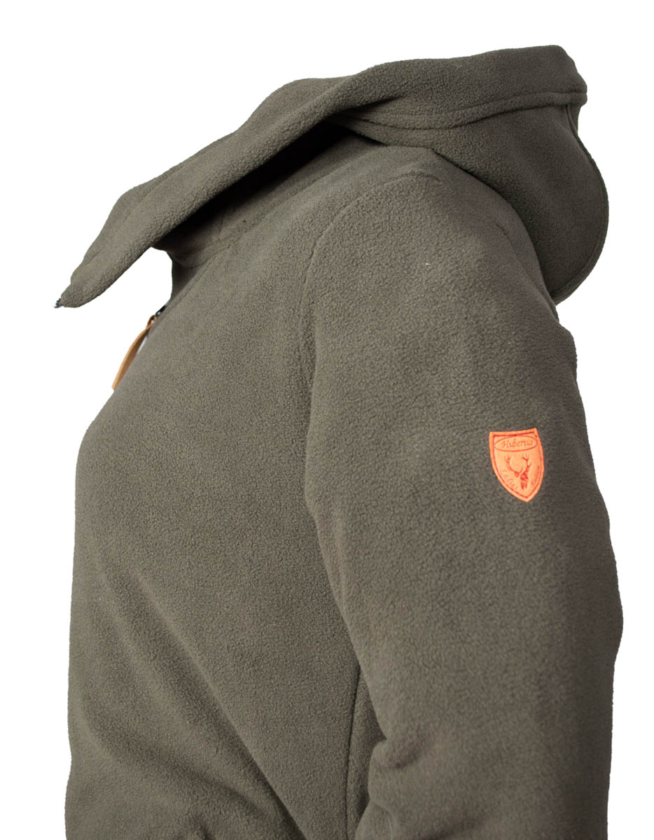 Hubertus Pullover Damen Fleece Hoodie in oliv/braun, Seitenansicht Zoom auf linken Arm mit Logo