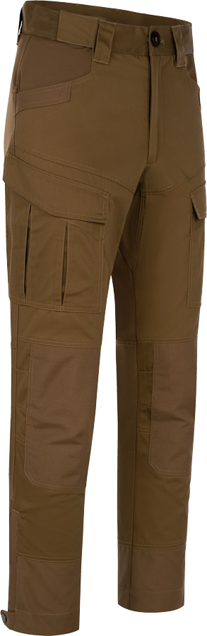 Herren-Hose Mauser Stalker in Braun, Seitenansicht, mit seitlicher Beintasche, verstärkten Kniebereichen und funktionalem Outdoor-Schnitt.