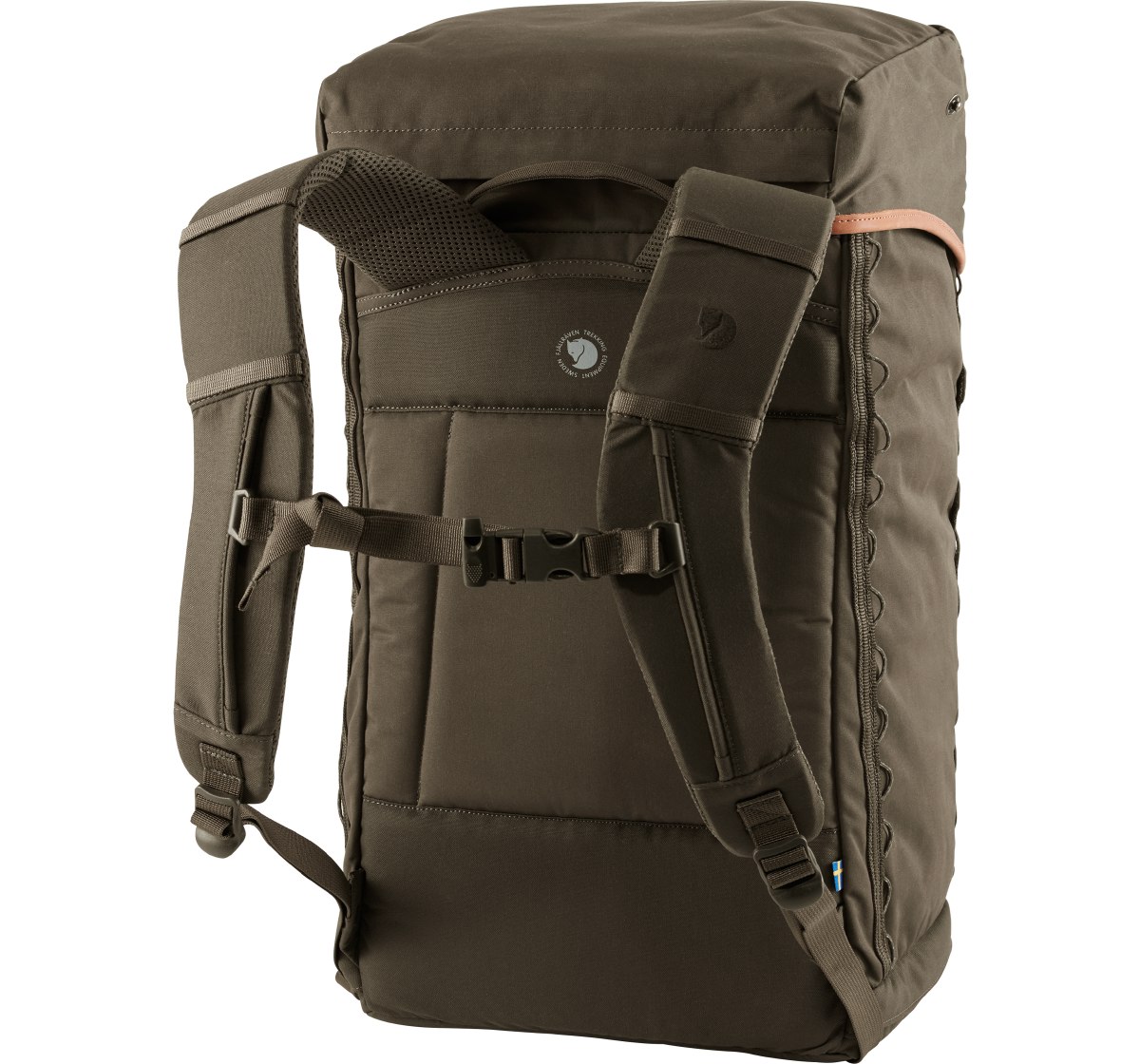 Sitzrucksack Singi Stubben von Fjällräven, Rucksack in Dark Olive mit 27L Stauraum, Ansicht von hinten auf die Träger, mit Brustgurt