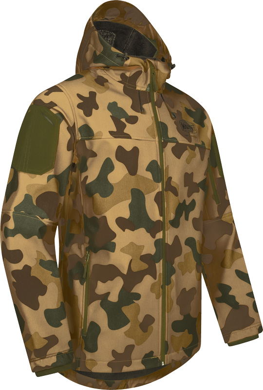Herren-Softshelljacke Mauser Tornado in Camouflage-Grün, Rechtsansicht mit sichtbarer Seitentasche, Kapuze und leicht tailliertem Schnitt.