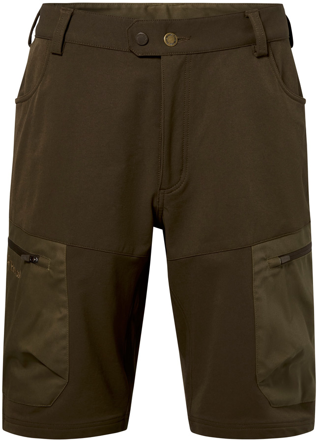 Pinewood Shorts Finnveden Hybrid in der Farbe Dunkeloliv mit helloliven Taschen mit Reißverschlüssen, Vorderansicht