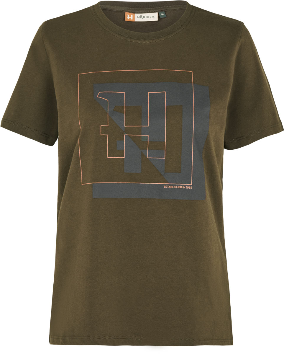 Damen-T-Shirt von Härkila mit H-Logo, Vorderansicht, Rundhalsausschnitt und Logo-Print auf der Brust.