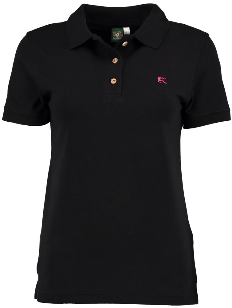 OS Trachten Poloshirt Hirsch-Stick, Vorderseite des schwarzen Shirts mit Knöpfen und einer kleinen rosa Hirsch-Stickerei auf der Brust links