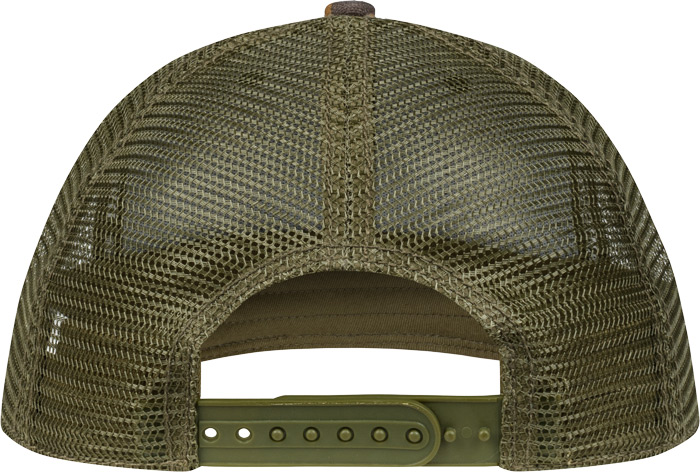 Cap von Mauser in Camouflage, Rückansicht mit olivgrünem Mesh-Einsatz, verstellbarem Verschluss und gebogenem Aufbau.