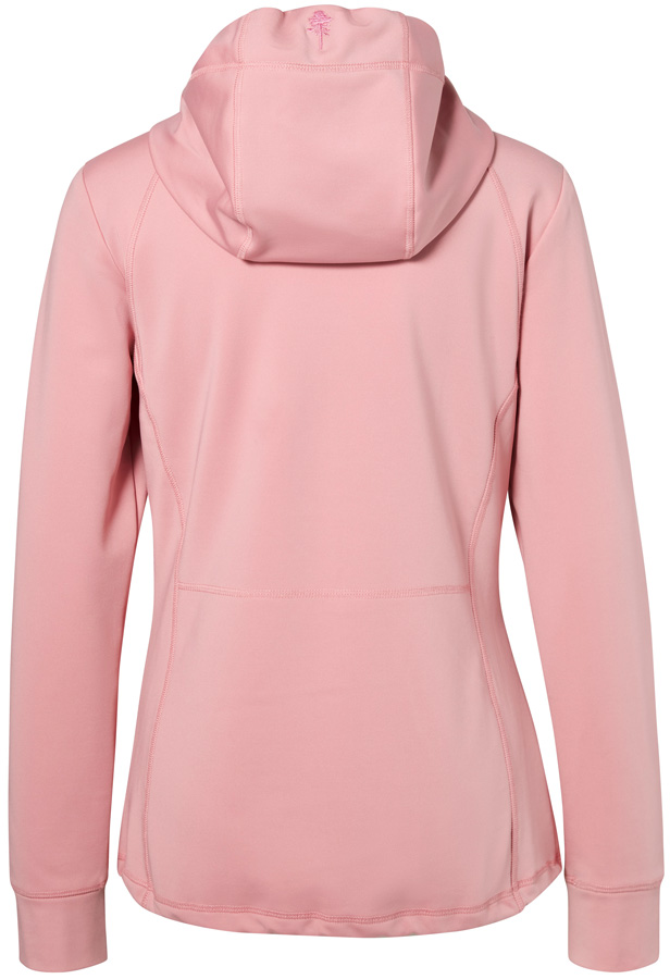 Rückansicht eines Damen-Fleecehoodies von Pinewood in hellem Rosa mit schlichter Rückenpartie und sportlicher Passform. Außerdem hat der Hoodie eine Kaputze.