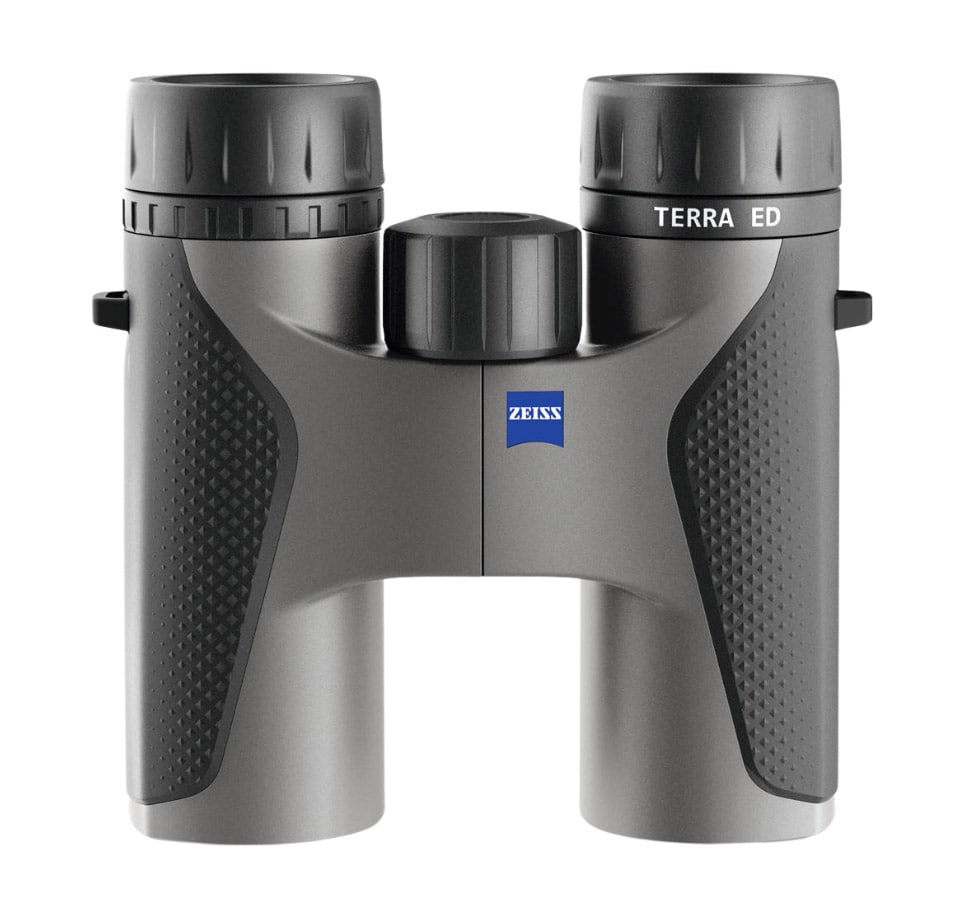 Das Fernglas Terra ED 10x32 in Grau/Schwarz von der Carl Zeiss AG, stehend von vorne