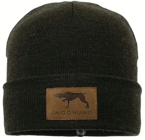Jagdhund Strickmütze Mank Merino mit Merino-Wolle in der Farbe Olivgrün mit Logo
