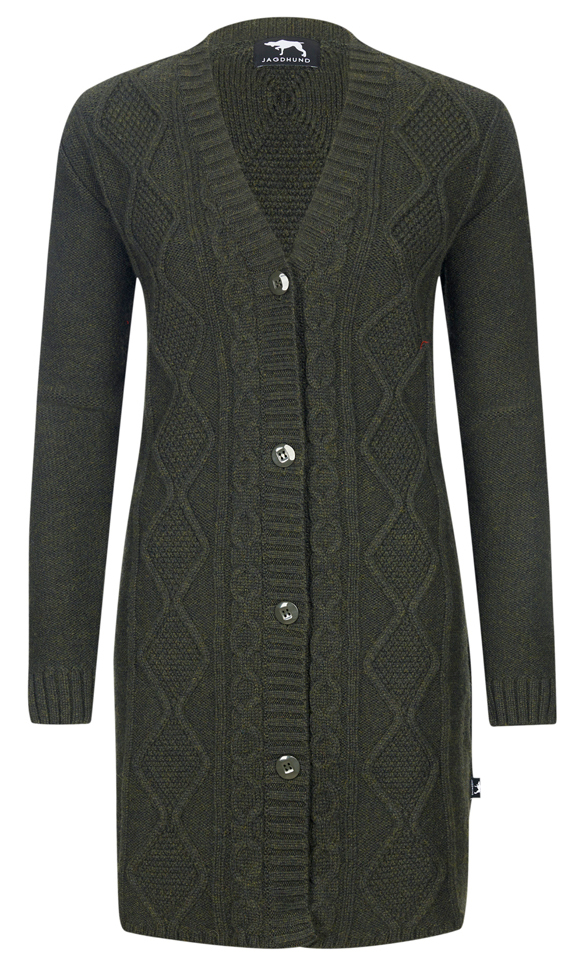 JAGDHUND Strickmantel Krumau in Grün – Vorderansicht des eleganten Jagdmantels