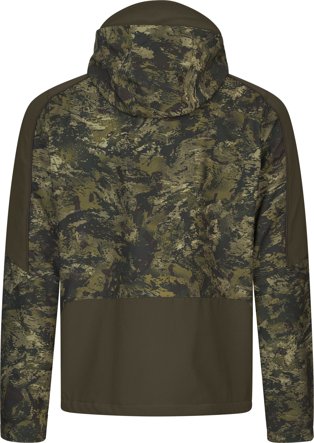 Rückansicht der Seeland Jacke Chaser Aero Camo in Camouflage-Grün mit langem Schnitt und durchgehendem Tarnmuster.