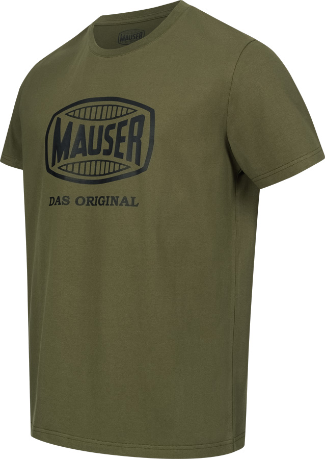 Herren-T-Shirt von Mauser in Oliv, Linksansicht, mit schwarzem Logo-Print auf der Brust und klassischem Rundhalsausschnitt.