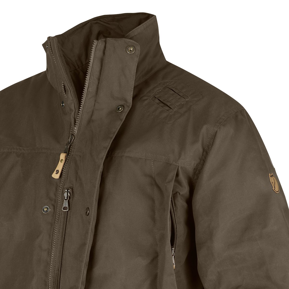 Die Jacke Brenner Pro Padded Dark Olive von Fjäll Räven, Detail Reißverschluss