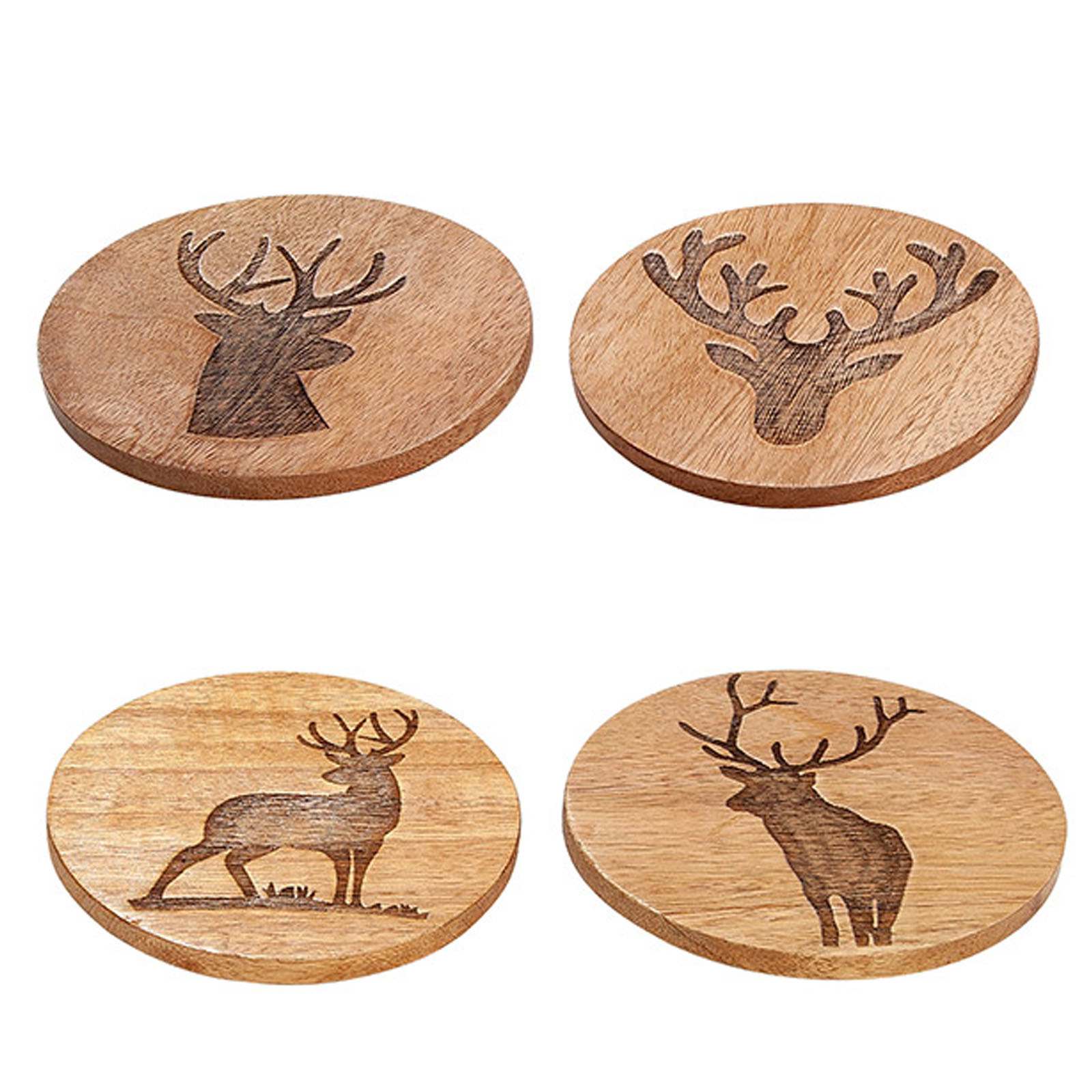 AKAH Untersetzer Holz Untersetzer Hirsch  8 praktische Untersetzer aus Mangoholz mit eingebrannten Hirsch-Motiven